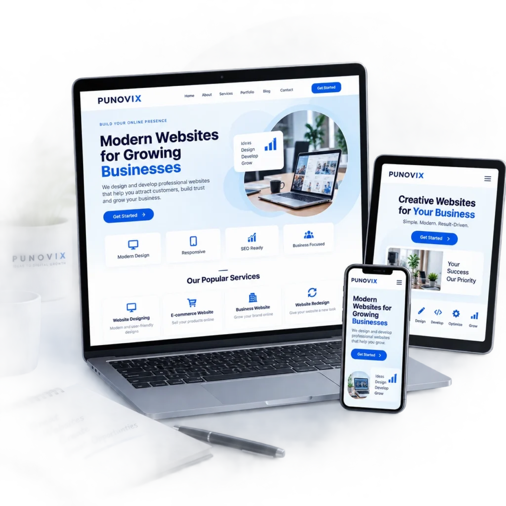Responsive website design displayed on desktop, tablet and mobile devices