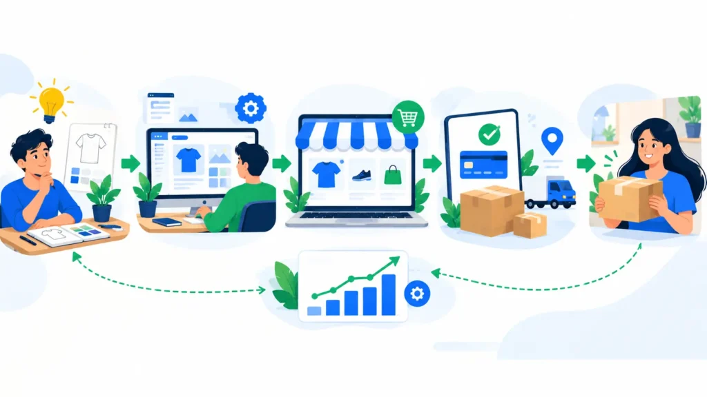 Steps to start an online business from idea validation to customer delivery.