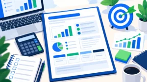 Business plan for small business template shown with a planning document and financial charts