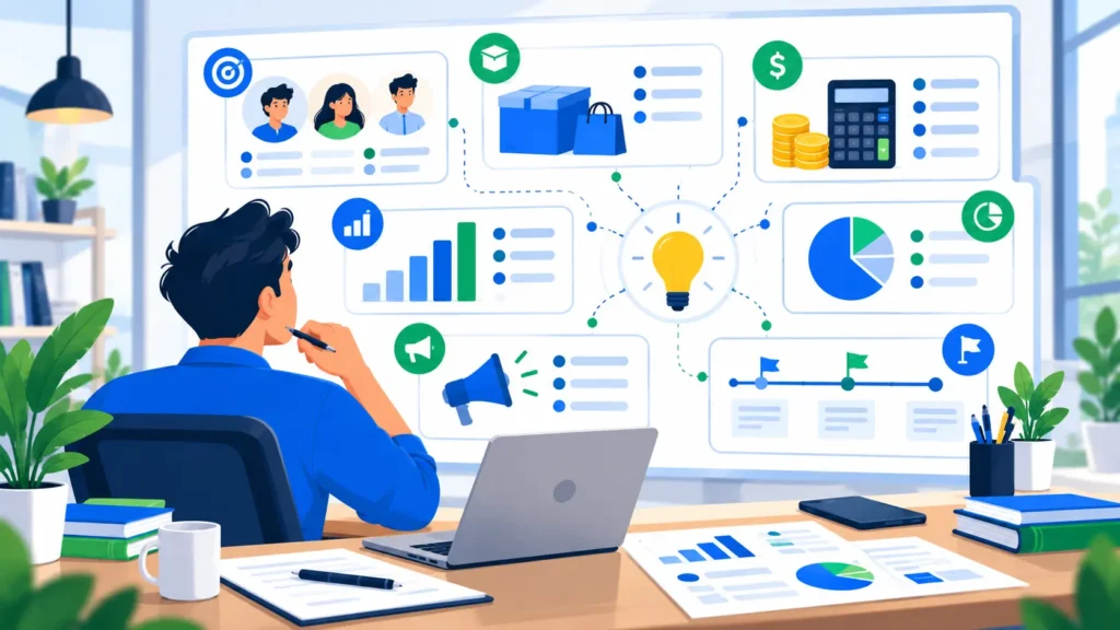 Small business planning workspace with financial charts, goals, and customer research elements