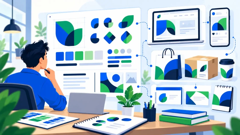 Brand identity design workspace showing visual elements and consistent business materials.