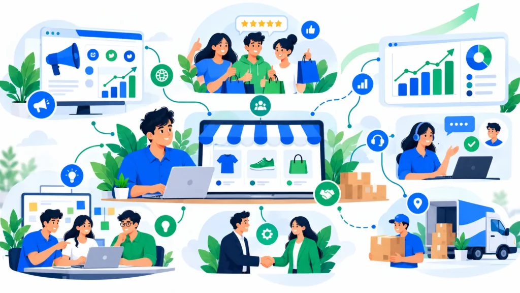 Small business growth strategies connecting customer retention, operations, and marketing.