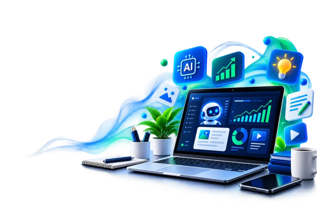 Futuristic AI workspace for digital technology and innovation