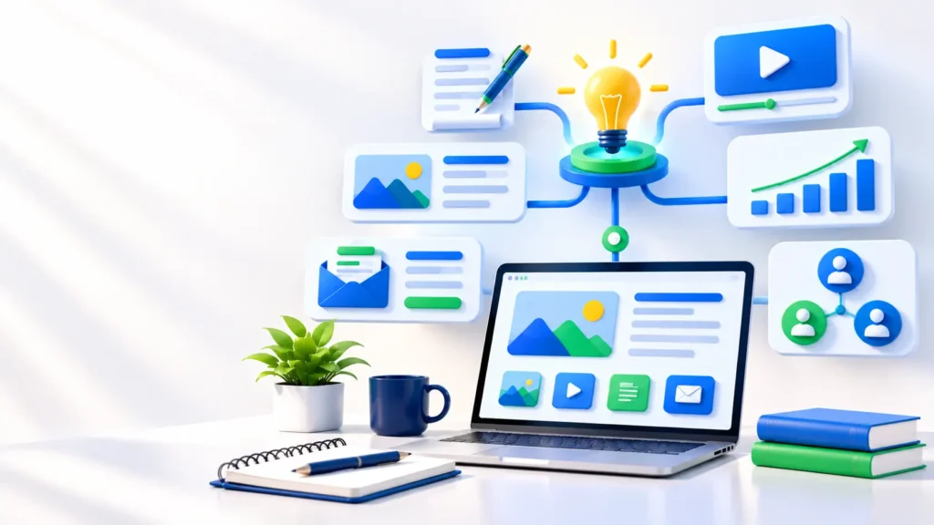 Content marketing in digital marketing with connected blog, video, and social content cards