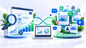 SEO vs social media marketing comparison with search and social media icons