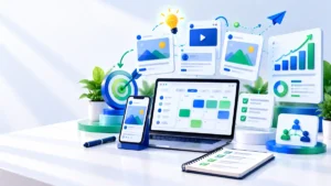 Social media marketing strategy planning with a laptop and content calendar