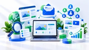 Digital marketing for beginners with a laptop and marketing icons