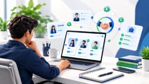 Freelancer finding clients through professional profile cards on a laptop