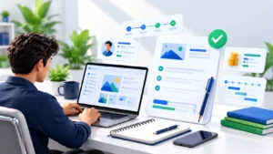 Freelance proposal template displayed beside a laptop and project checklist