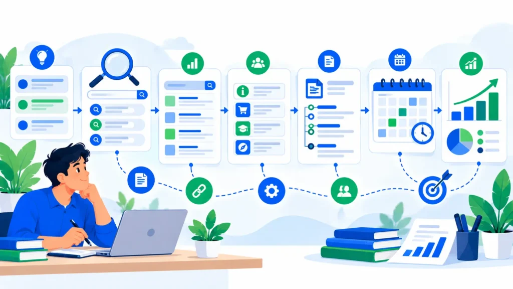 Keyword research workflow connecting topic ideas, search intent, keyword groups, and blog planning.