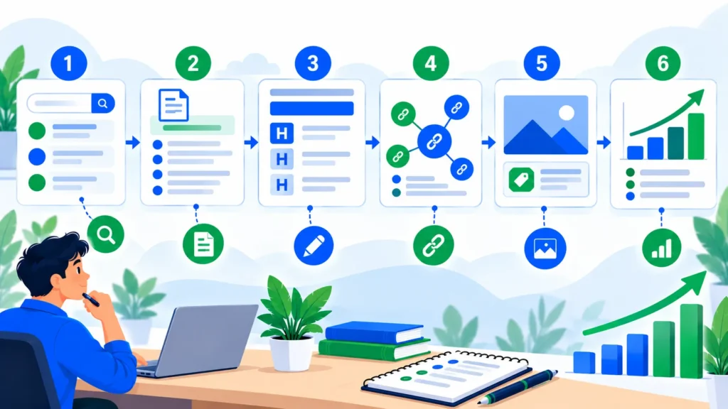 Blog SEO checklist workflow connecting search intent, content, links, images, and performance review.