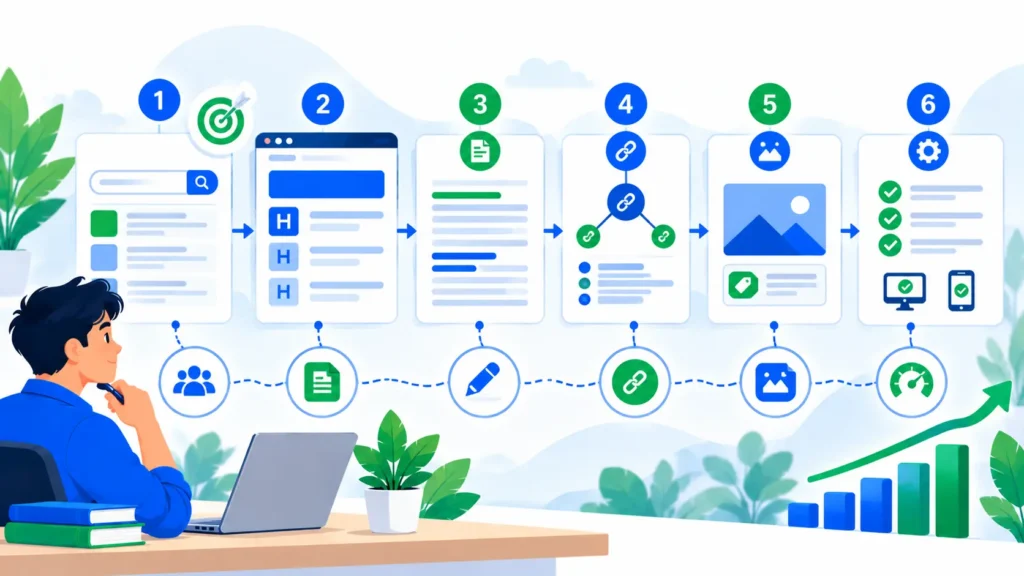On page SEO checklist showing titles, headings, links, images, and technical checks. Image Title: On-Page SEO Checklist Workflow