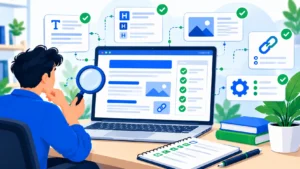 On page SEO for beginners checklist with headings, links, images, and page elements.