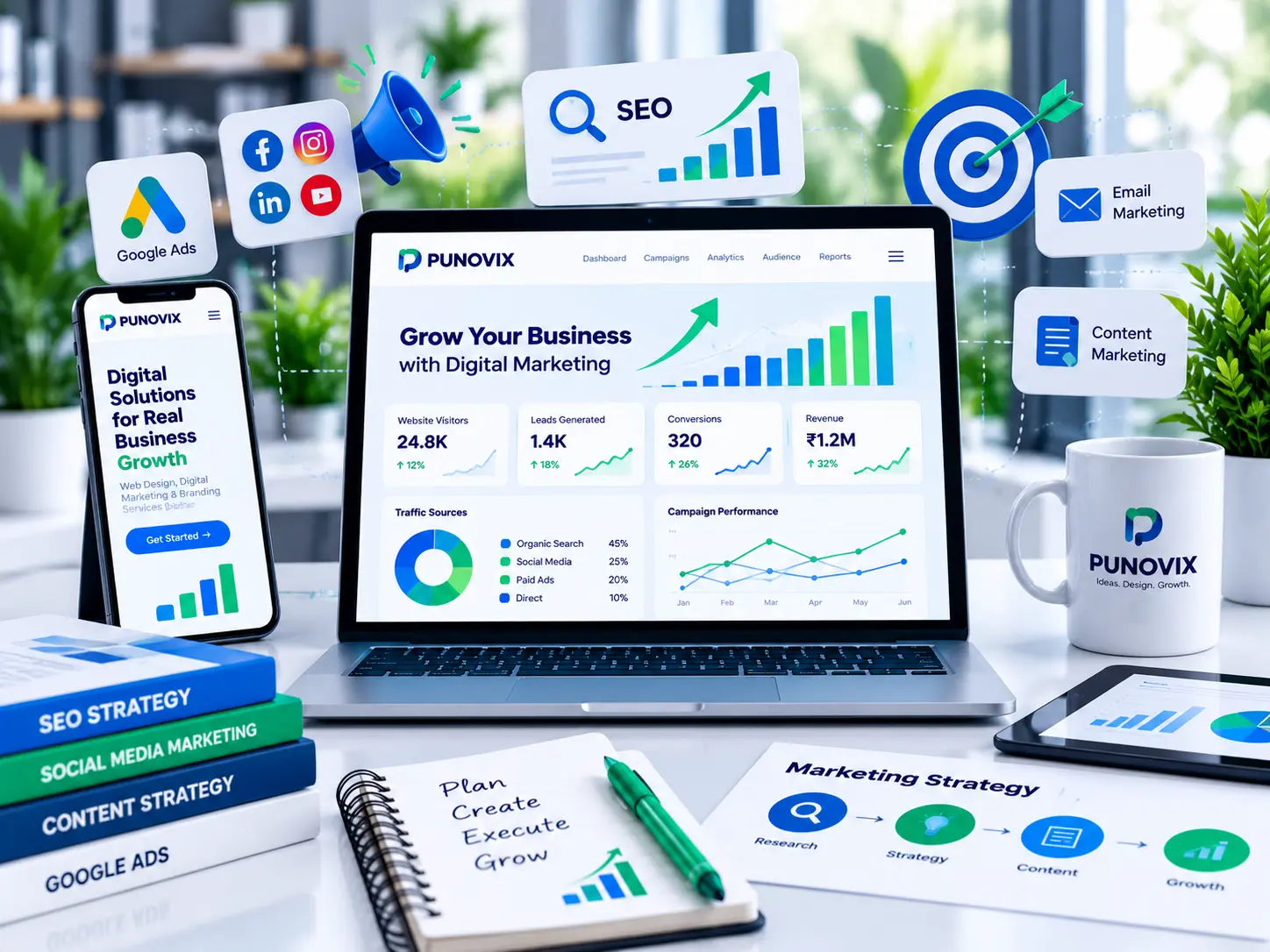 PUNOVIX digital marketing analytics dashboard showing SEO, advertising and campaign performance