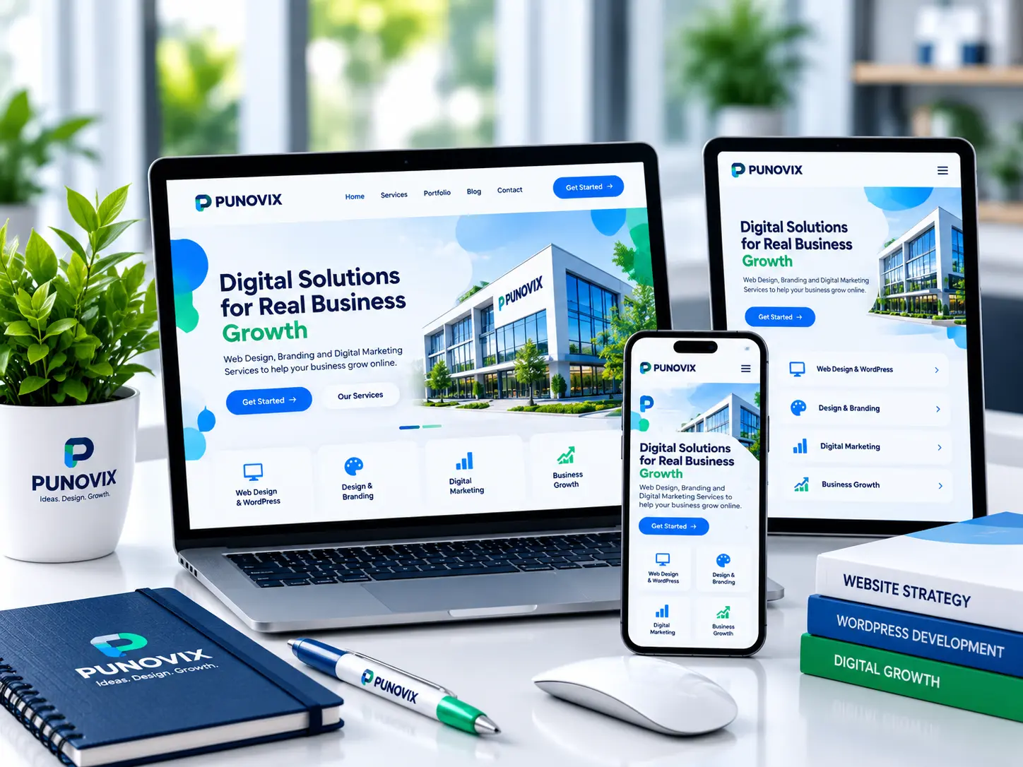 PUNOVIX responsive website design displayed on laptop, tablet and mobile