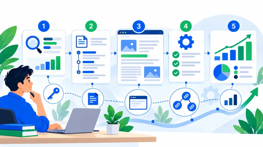 SEO learning workflow connecting keyword research, content optimization, technical checks, and analytics.