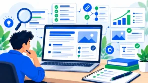 SEO tips for bloggers shown through a laptop, blog page structure, and search analytics.