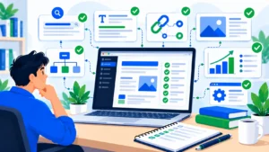 WordPress SEO checklist represented by website settings, page links, image optimization, and search analytics.