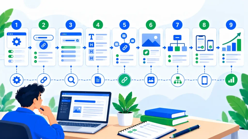 WordPress SEO workflow connecting site settings, content, links, images, sitemap, and technical checks.